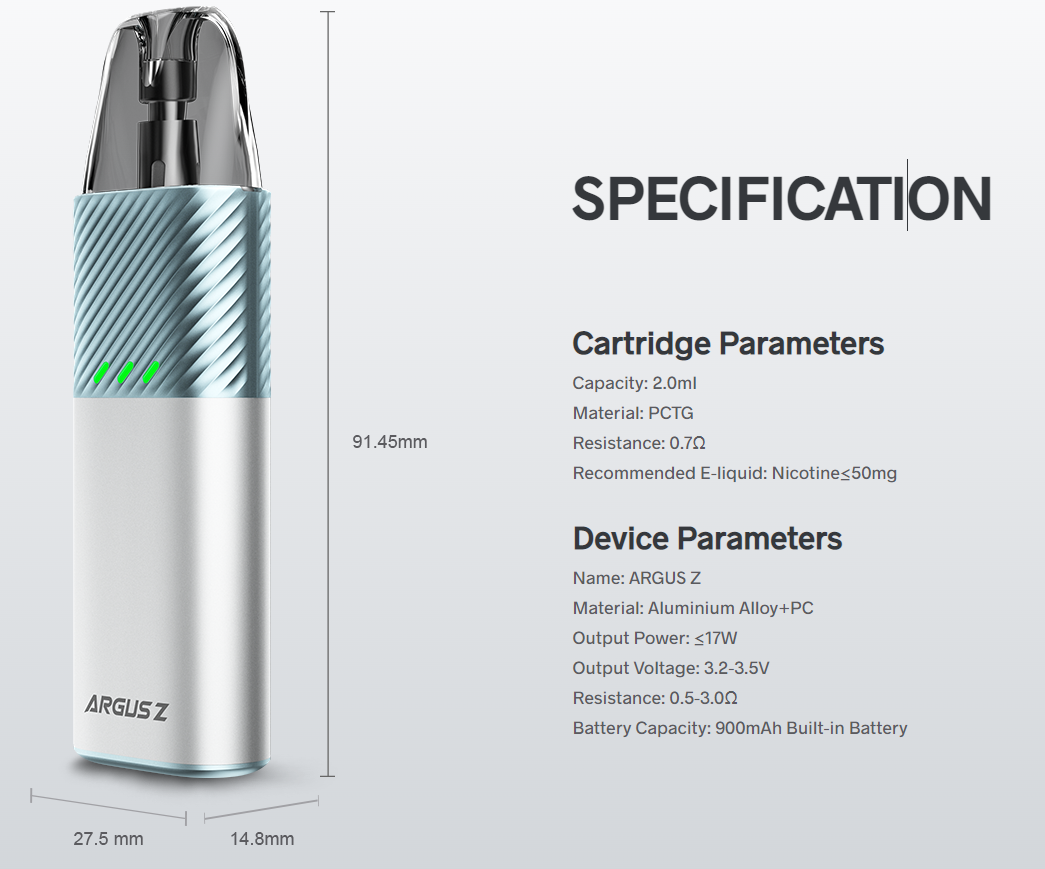 Voopoo Argus Z Pod Mod 900mAh dimensioni